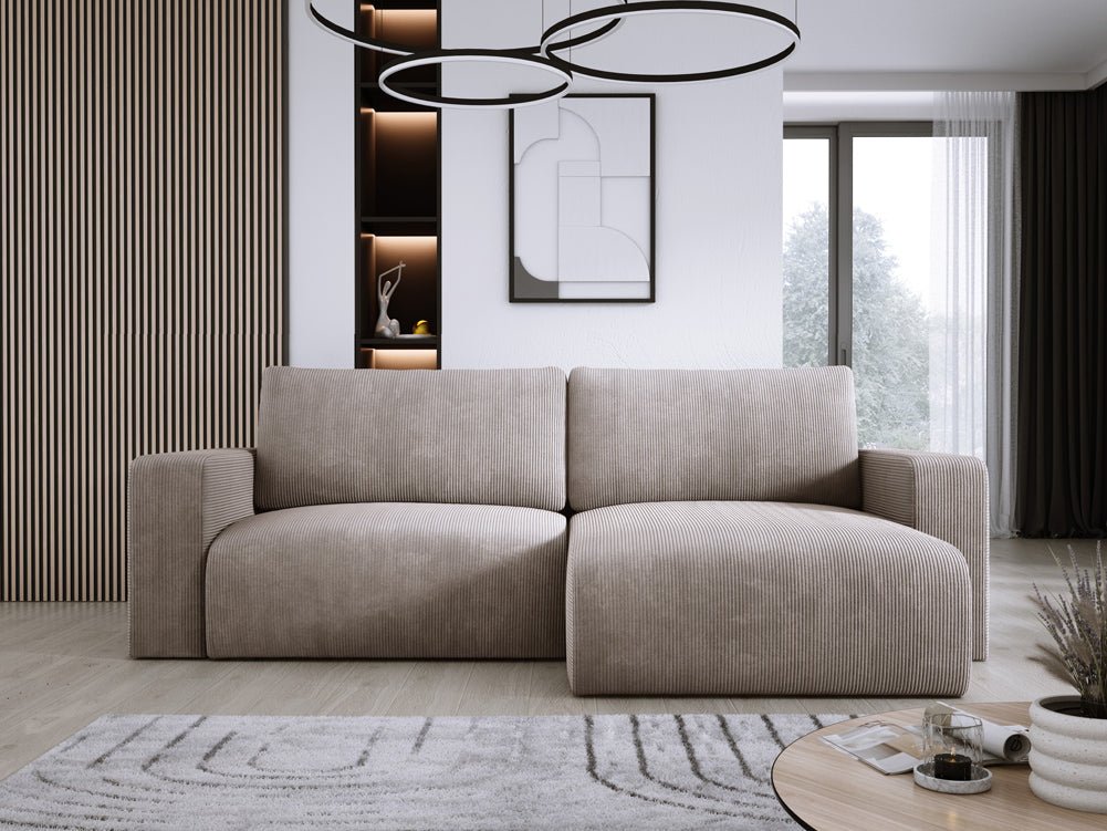 Modernes L-Form Cord Ecksofa Carl mit Schlaffunktion und integriertem Bettkasten