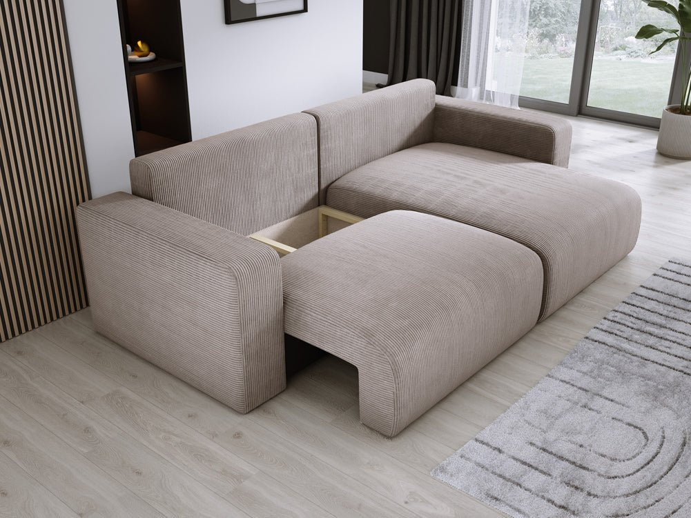 Modernes L-Form Cord Ecksofa Carl mit Schlaffunktion und integriertem Bettkasten