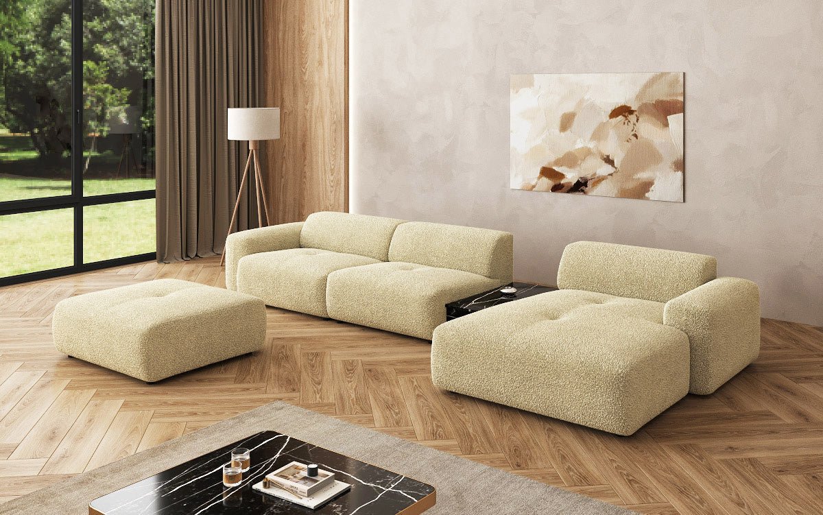 Luxus Designer L-Sofa Calm Bouclé mit Hocker und Tisch Modernes Wohnzimmer