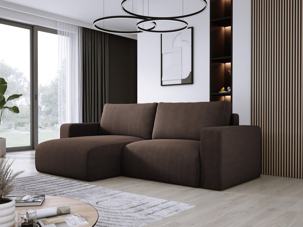 Modernes L-Form Cord Ecksofa Carl mit Schlaffunktion und integriertem Bettkasten