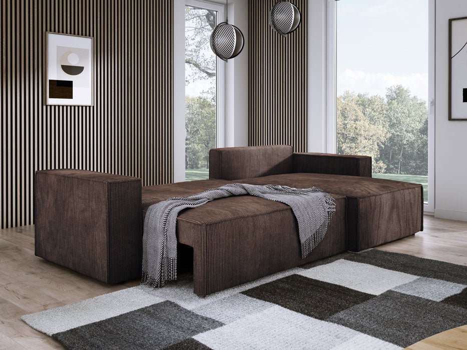 Luxuriöses Velanova Cord Ecksofa mit Schlaffunktion und praktischem Stauraum