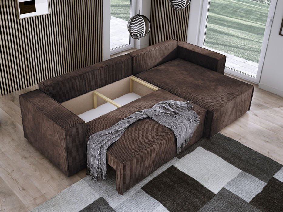 Luxuriöses Velanova Cord Ecksofa mit Schlaffunktion und praktischem Stauraum