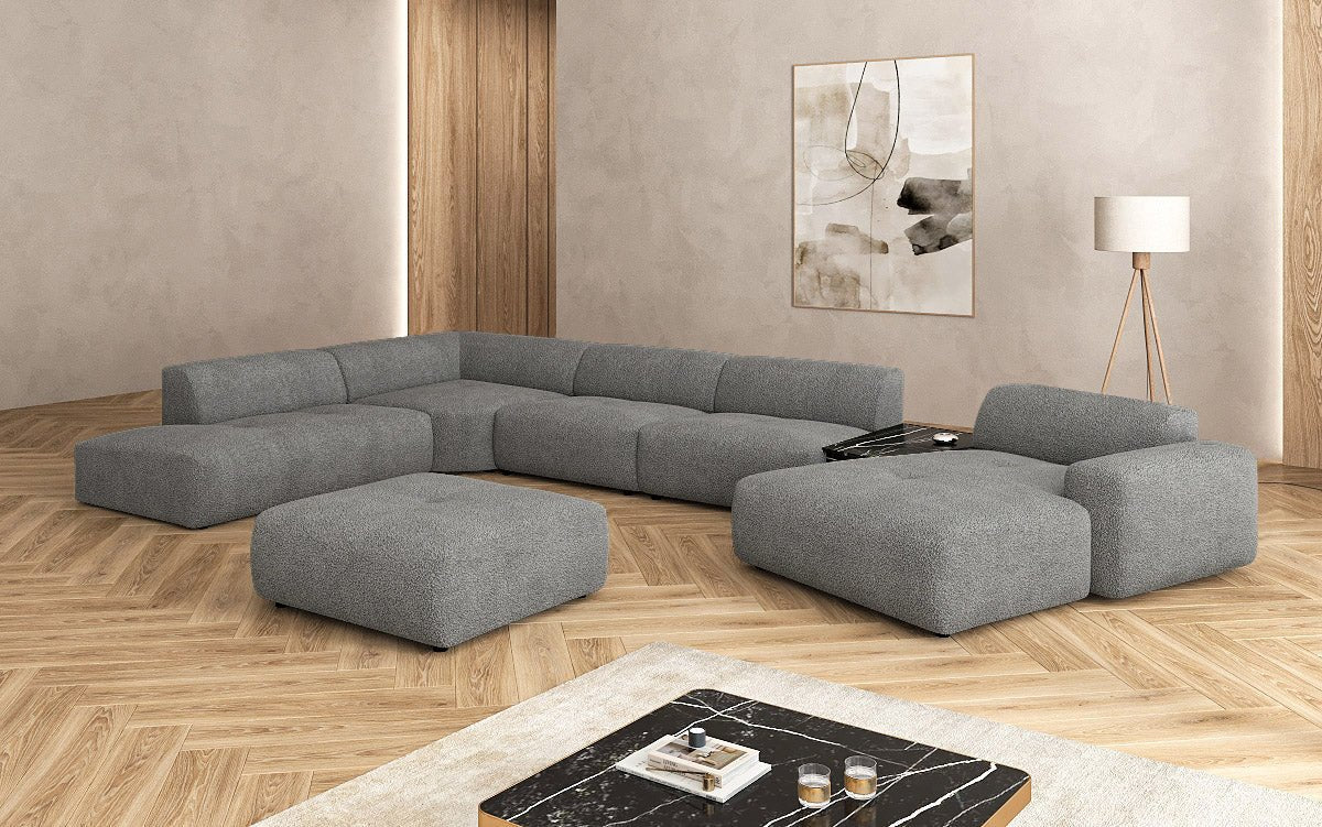 Luxuriöse Calm Bouclé Ecksofa Wohnlandschaft – Modulare Design Couch mit Hocker