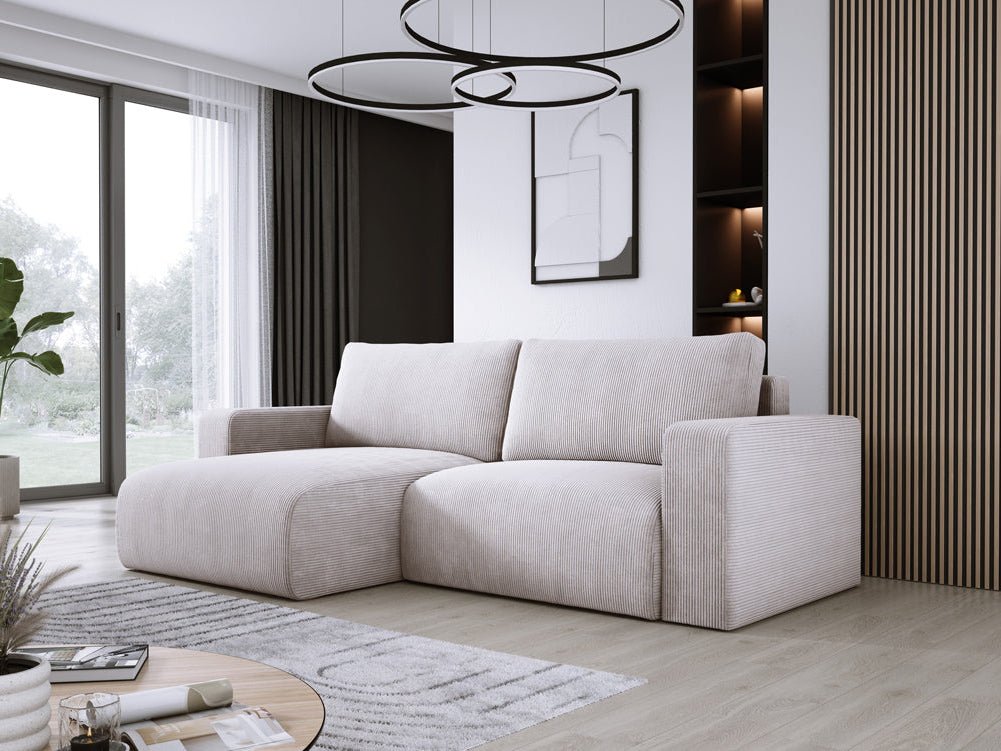 Modernes L-Form Cord Ecksofa Carl mit Schlaffunktion und integriertem Bettkasten