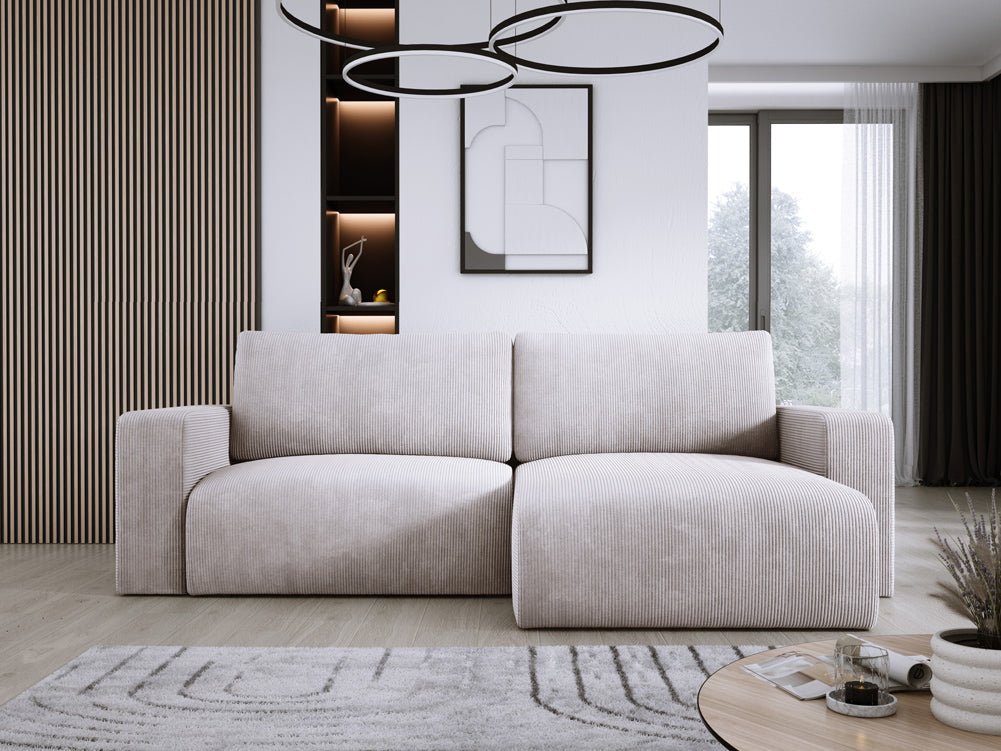 Modernes L-Form Cord Ecksofa Carl mit Schlaffunktion und integriertem Bettkasten