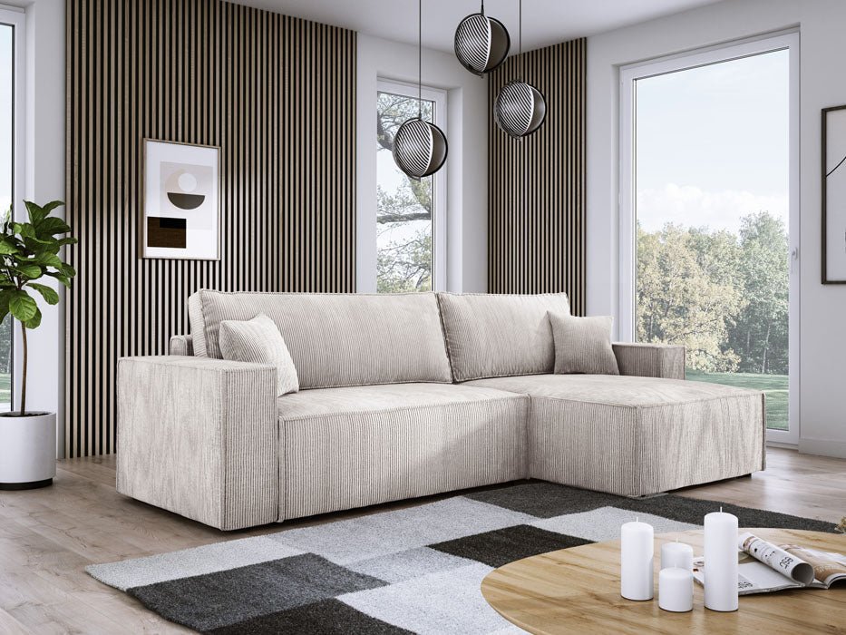 Luxuriöses Velanova Cord Ecksofa mit Schlaffunktion und praktischem Stauraum