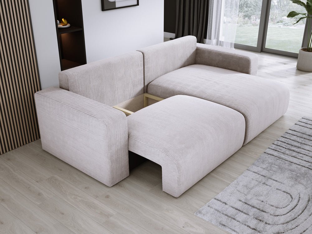 Modernes L-Form Cord Ecksofa Carl mit Schlaffunktion und integriertem Bettkasten