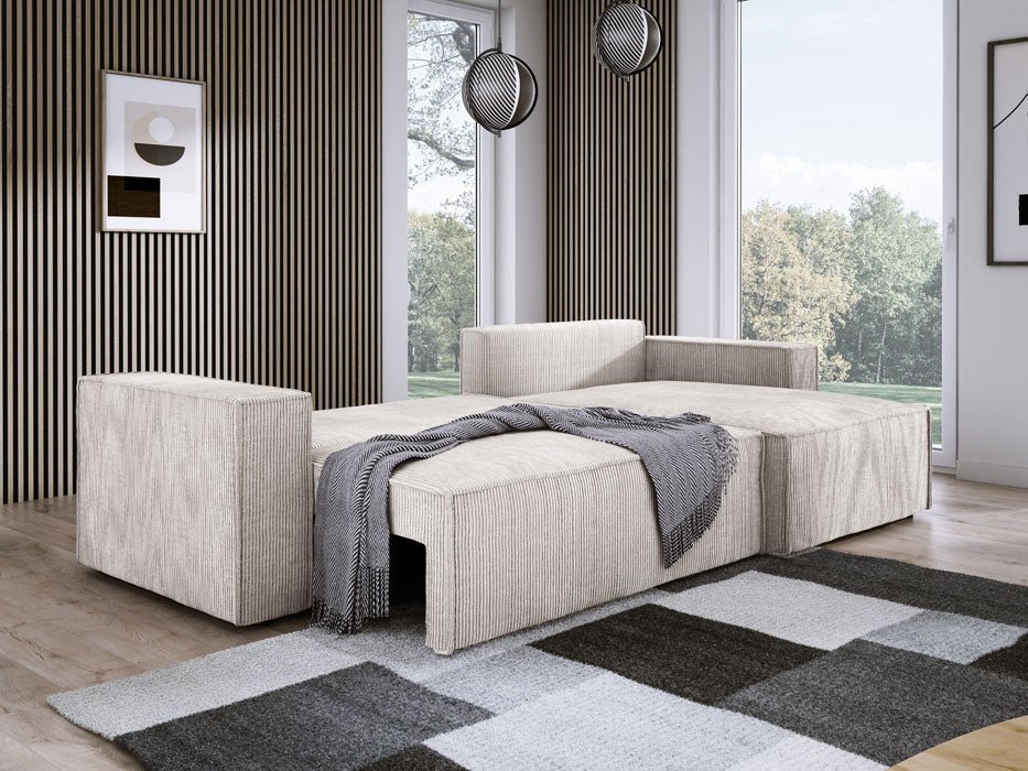 Luxuriöses Velanova Cord Ecksofa mit Schlaffunktion und praktischem Stauraum