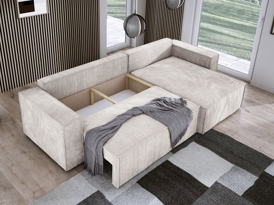 Luxuriöses Velanova Cord Ecksofa mit Schlaffunktion und praktischem Stauraum