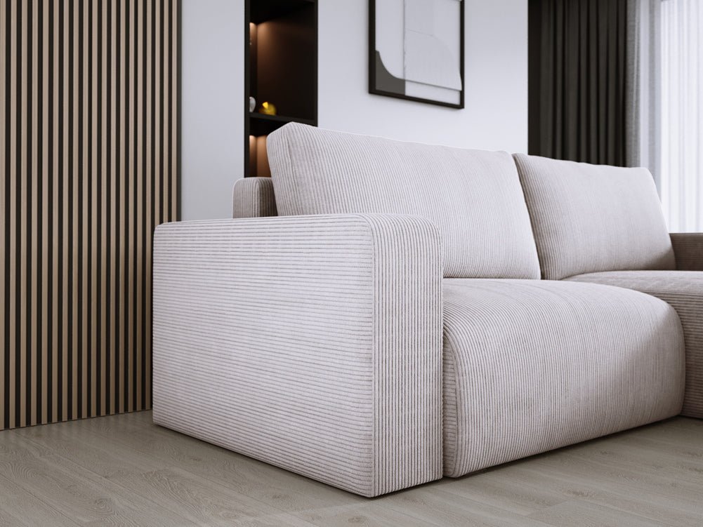 Modernes L-Form Cord Ecksofa Carl mit Schlaffunktion und integriertem Bettkasten