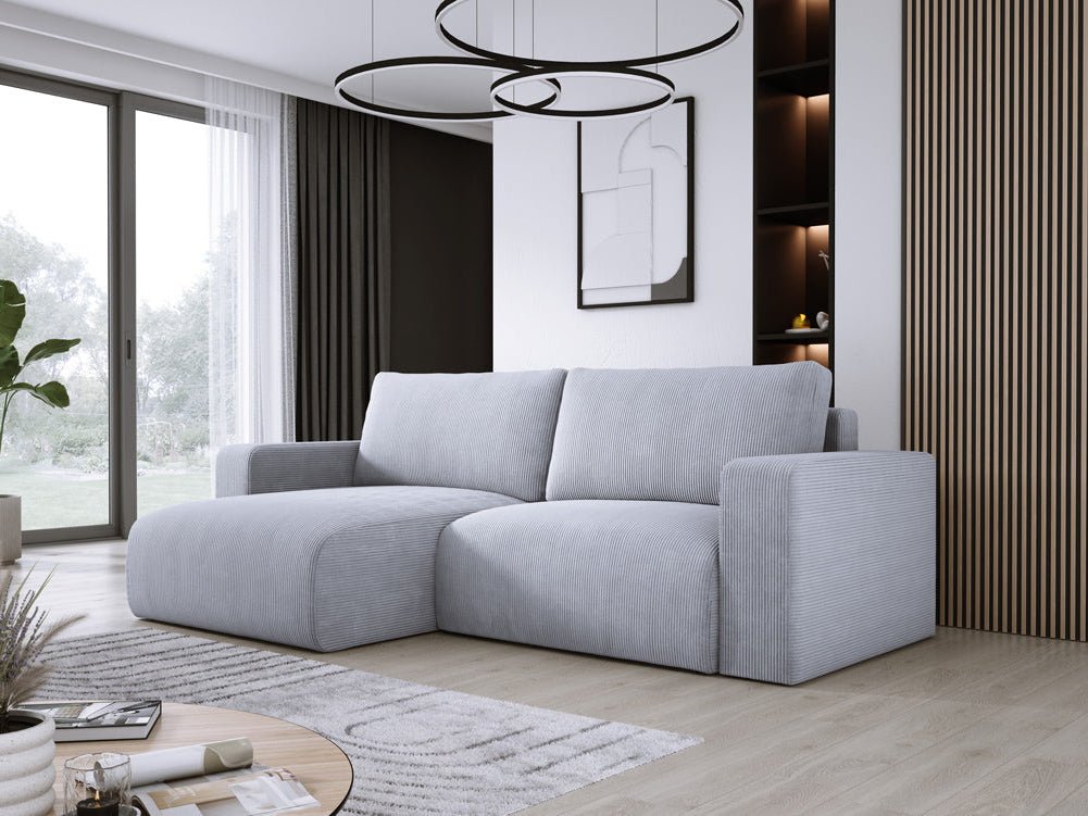 Modernes L-Form Cord Ecksofa Carl mit Schlaffunktion und integriertem Bettkasten