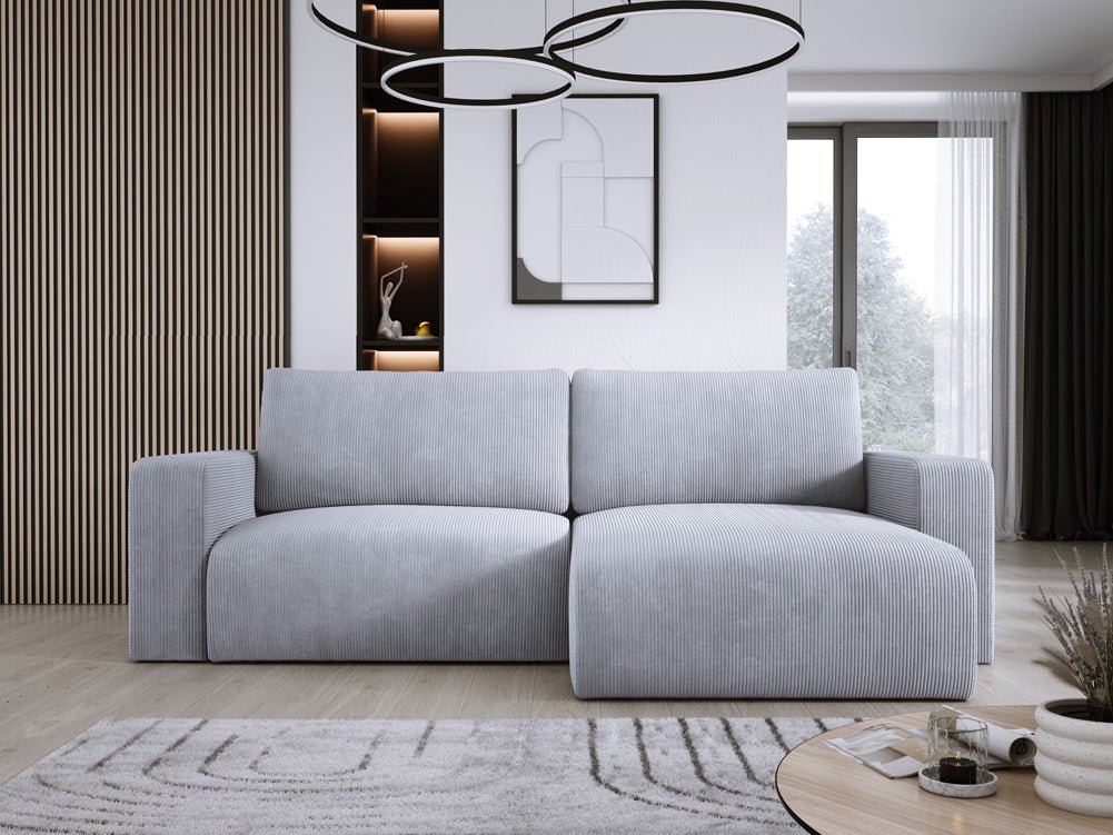Modernes L-Form Cord Ecksofa Carl mit Schlaffunktion und integriertem Bettkasten