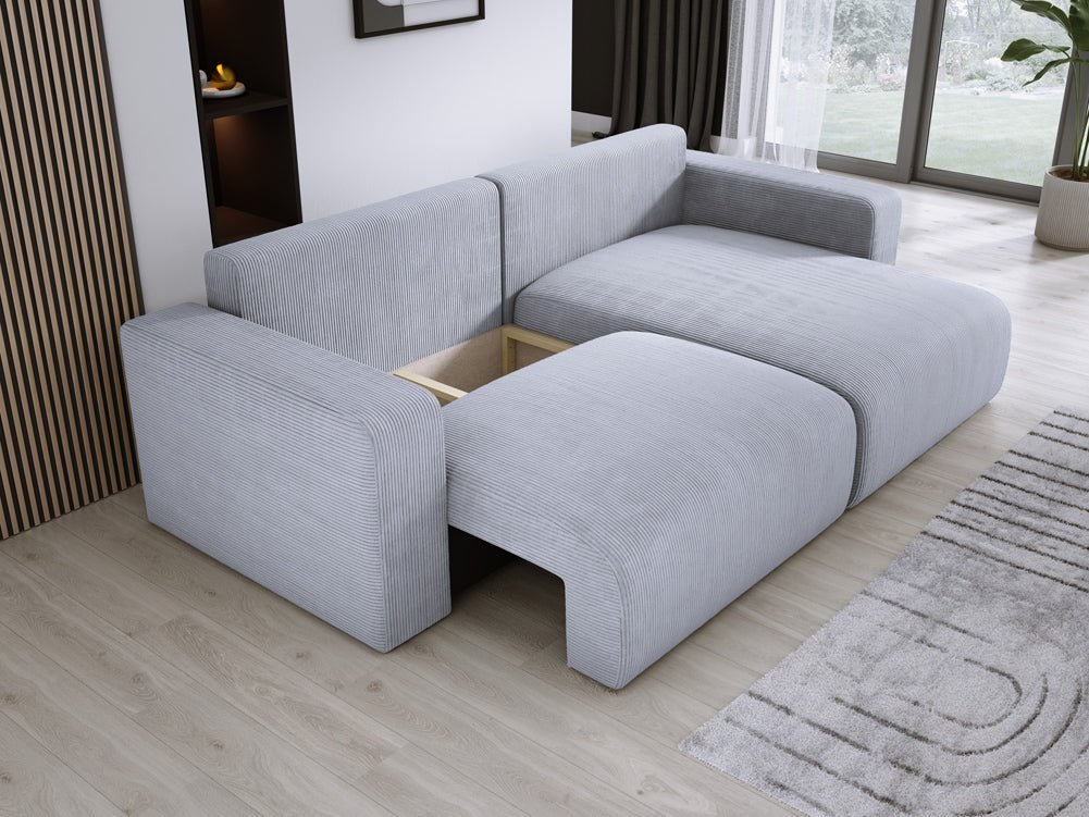 Modernes L-Form Cord Ecksofa Carl mit Schlaffunktion und integriertem Bettkasten