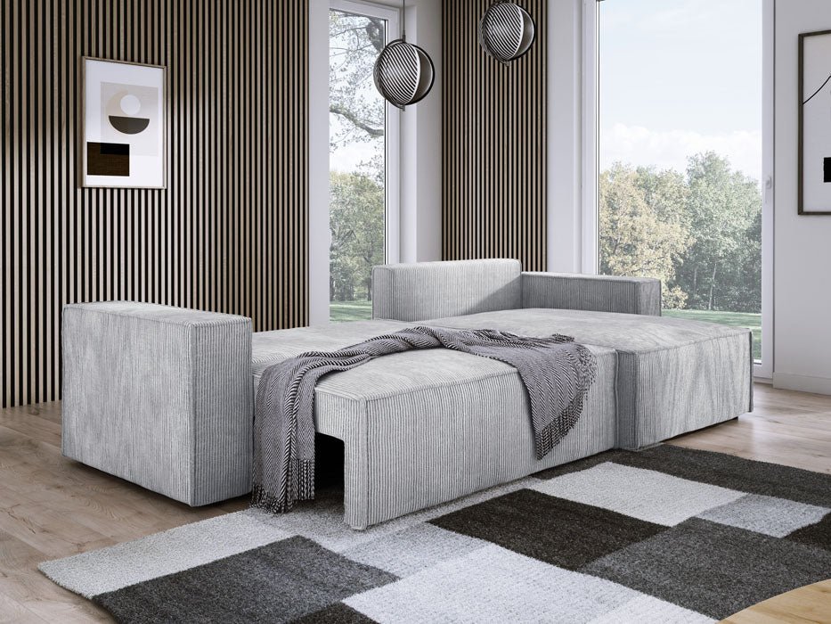 Luxuriöses Velanova Cord Ecksofa mit Schlaffunktion und praktischem Stauraum