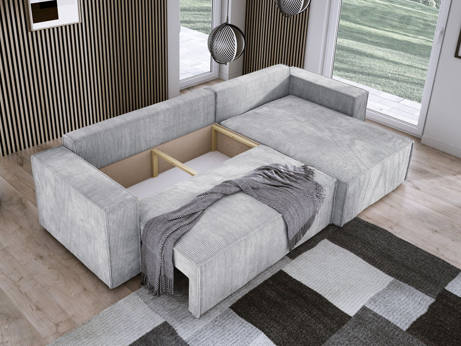 Luxuriöses Velanova Cord Ecksofa mit Schlaffunktion und praktischem Stauraum