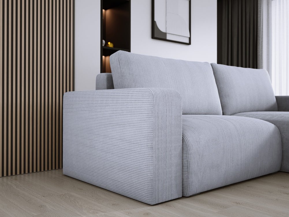 Modernes L-Form Cord Ecksofa Carl mit Schlaffunktion und integriertem Bettkasten