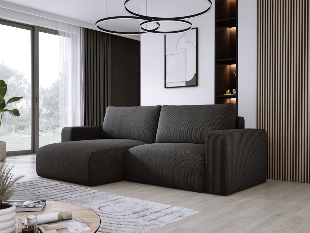 Modernes L-Form Cord Ecksofa Carl mit Schlaffunktion und integriertem Bettkasten