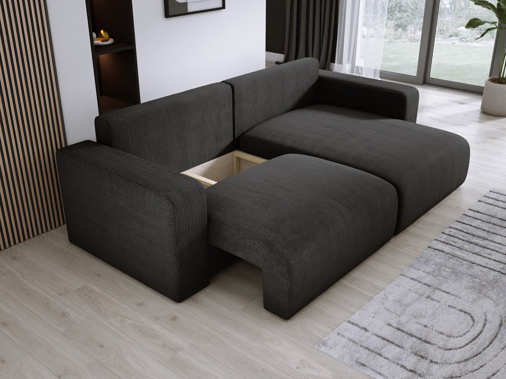 Modernes L-Form Cord Ecksofa Carl mit Schlaffunktion und integriertem Bettkasten