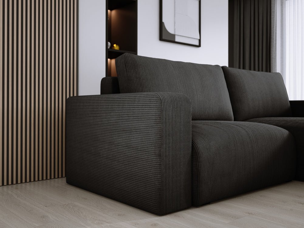 Modernes L-Form Cord Ecksofa Carl mit Schlaffunktion und integriertem Bettkasten