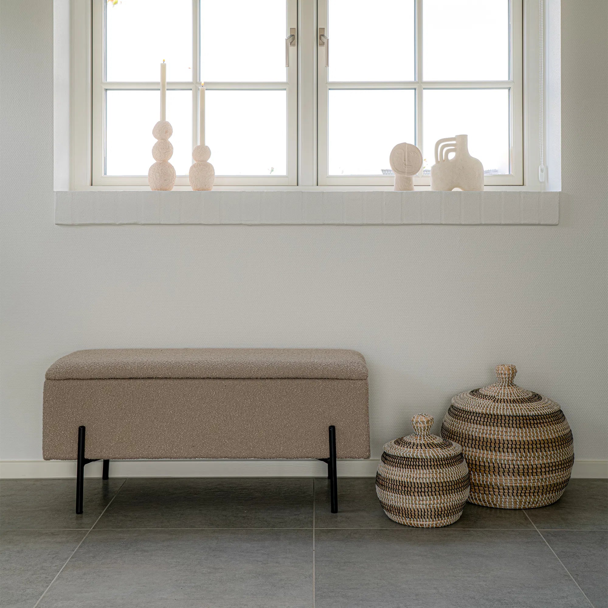 Elegante Bouclé Sitzbank Beige mit Stauraum für gemütliches Zuhause