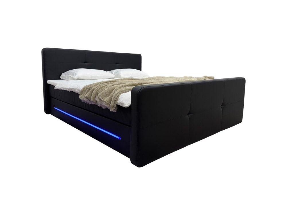 Luxuriöses Boxspringbett Oakland: LED-Beleuchtung, Kunstleder, 180x200 cm, H3 Komfort