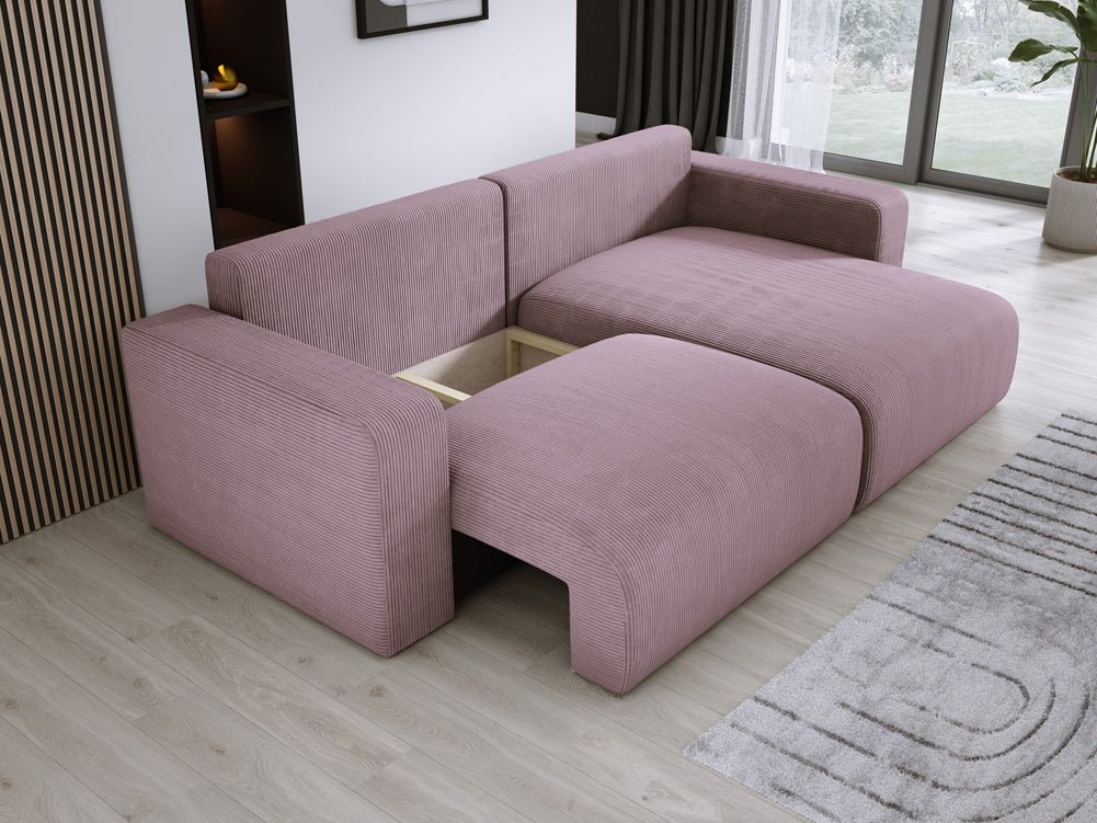 Modernes L-Form Cord Ecksofa Carl mit Schlaffunktion und integriertem Bettkasten