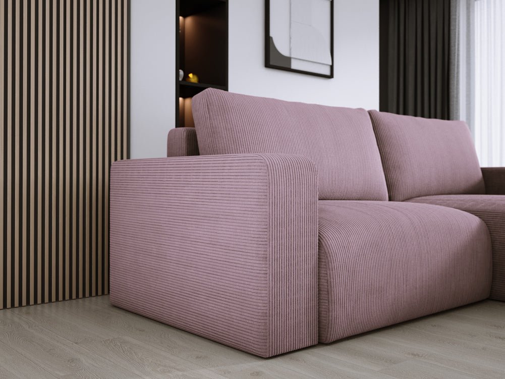 Modernes L-Form Cord Ecksofa Carl mit Schlaffunktion und integriertem Bettkasten