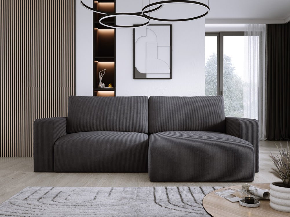 Modernes L-Form Cord Ecksofa Carl mit Schlaffunktion und integriertem Bettkasten