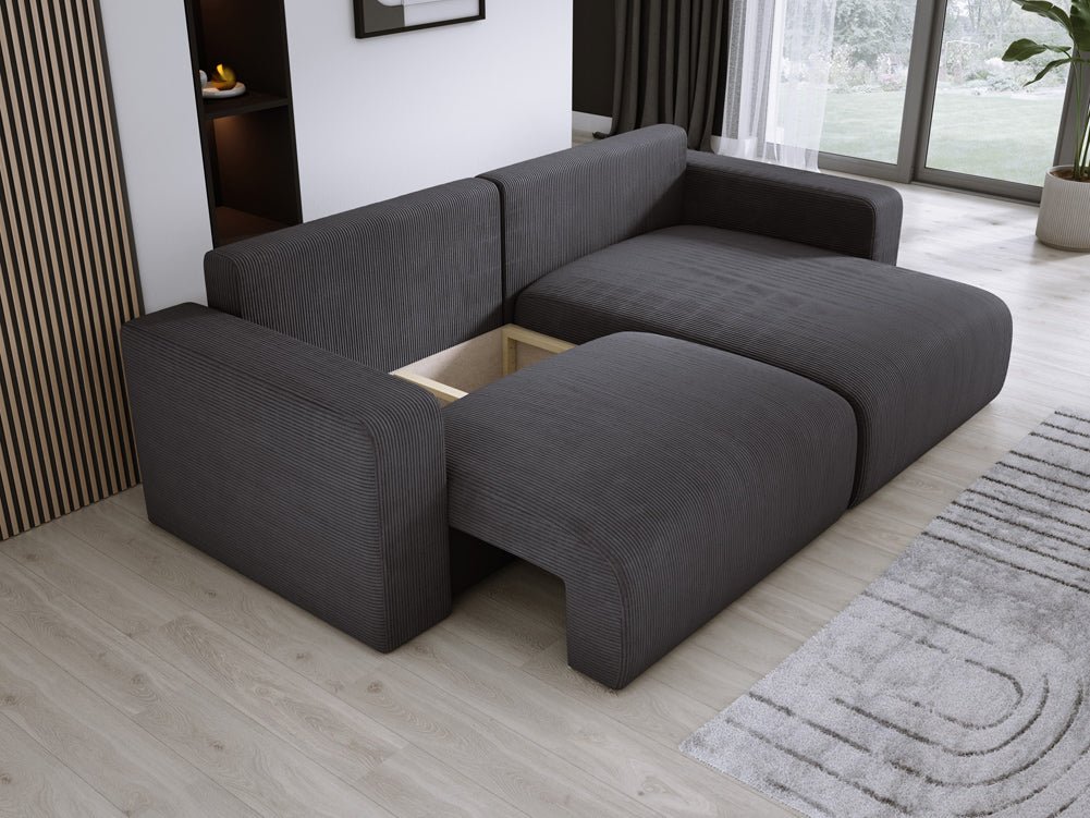Modernes L-Form Cord Ecksofa Carl mit Schlaffunktion und integriertem Bettkasten
