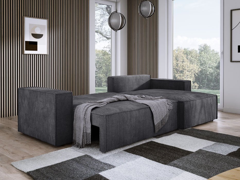 Luxuriöses Velanova Cord Ecksofa mit Schlaffunktion und praktischem Stauraum