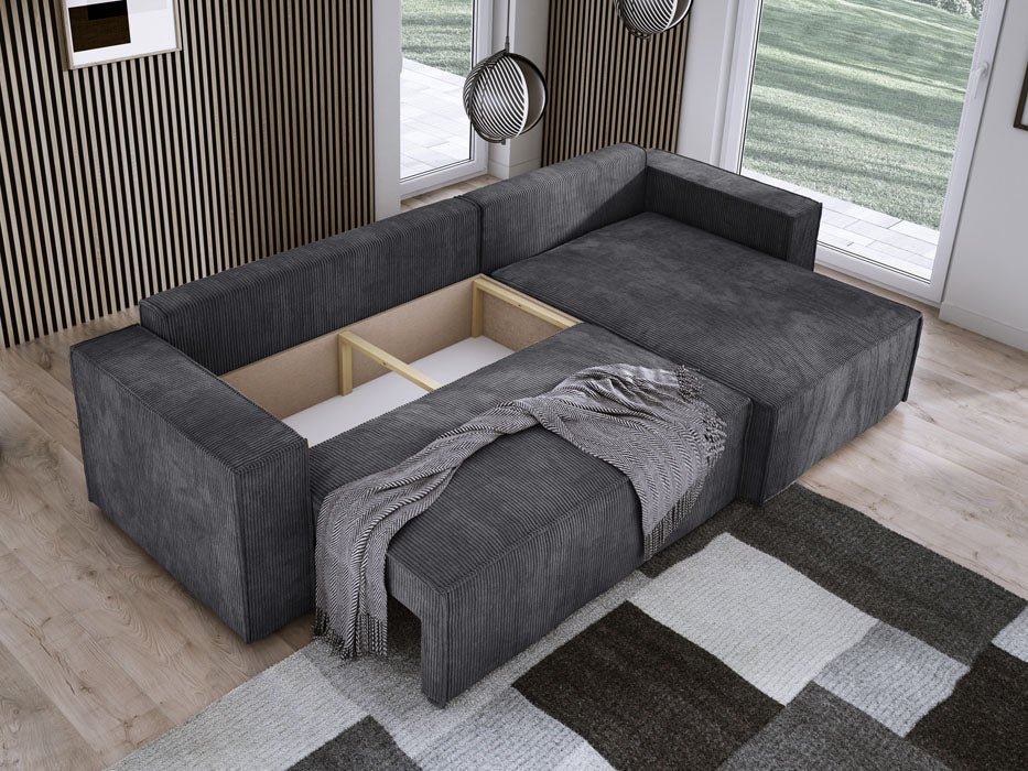 Luxuriöses Velanova Cord Ecksofa mit Schlaffunktion und praktischem Stauraum