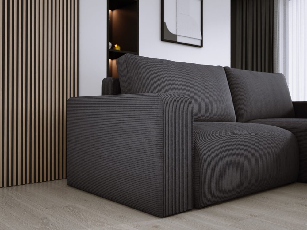 Modernes L-Form Cord Ecksofa Carl mit Schlaffunktion und integriertem Bettkasten