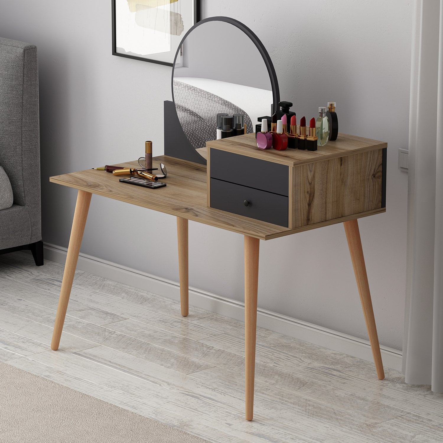 Designer Schminktisch Angel: Eleganter Spiegel, Clevere Schubladen, Stilvolle Holzoptik