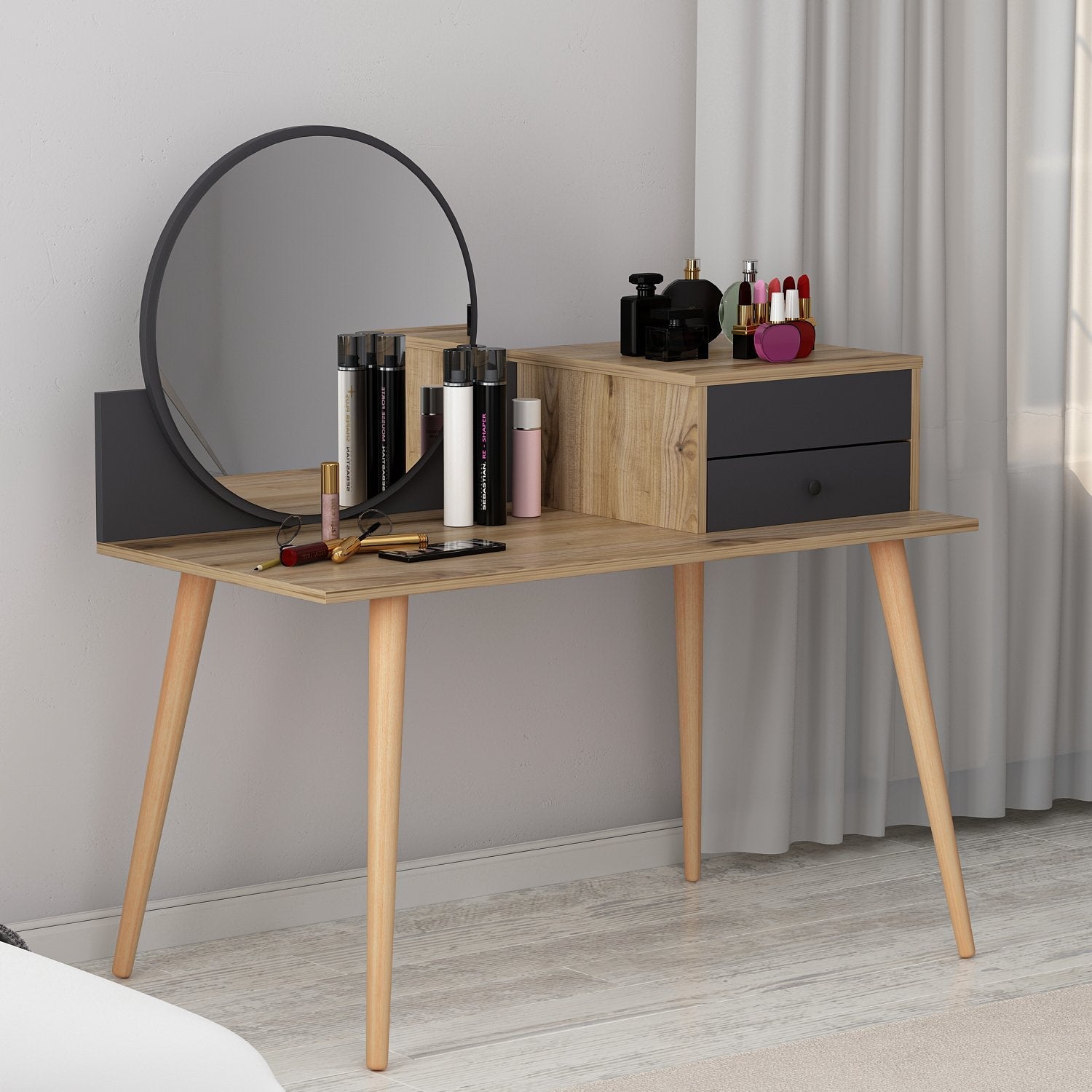 Designer Schminktisch Angel: Eleganter Spiegel, Clevere Schubladen, Stilvolle Holzoptik