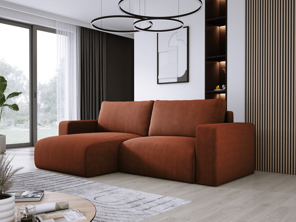 Modernes L-Form Cord Ecksofa Carl mit Schlaffunktion und integriertem Bettkasten