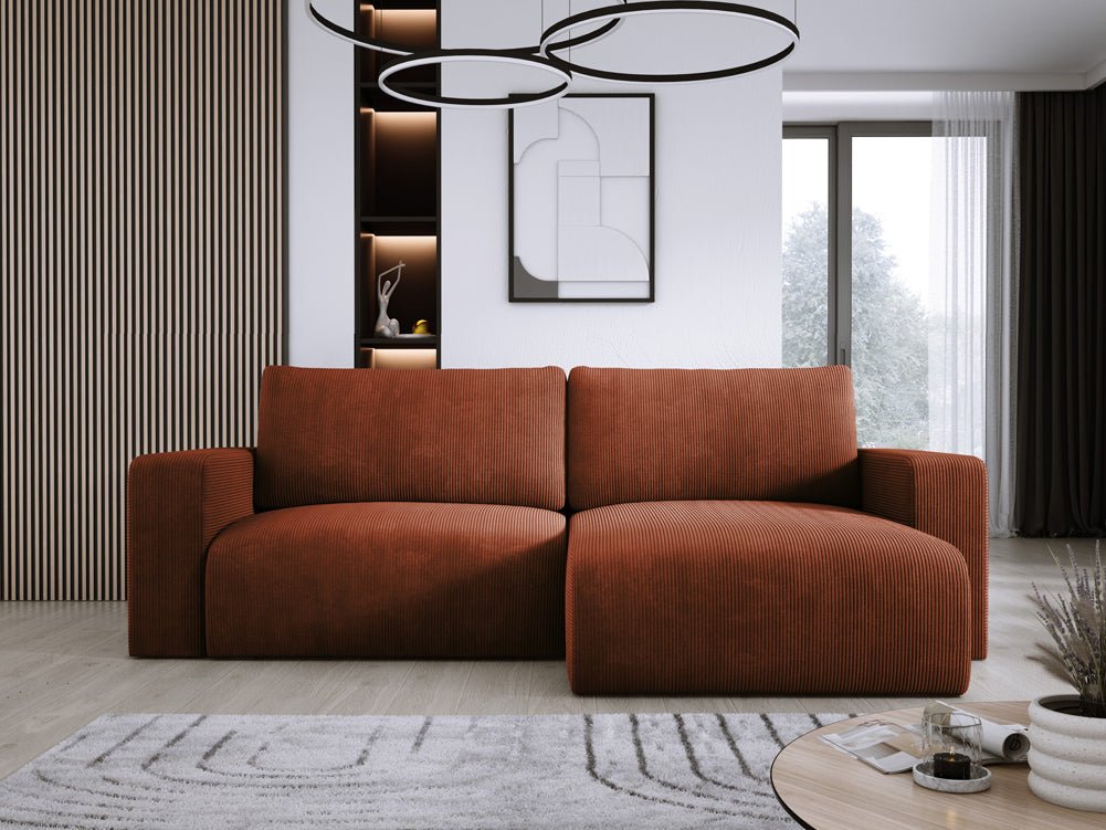Modernes L-Form Cord Ecksofa Carl mit Schlaffunktion und integriertem Bettkasten