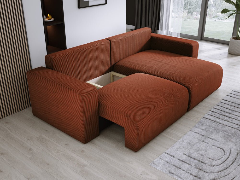 Modernes L-Form Cord Ecksofa Carl mit Schlaffunktion und integriertem Bettkasten