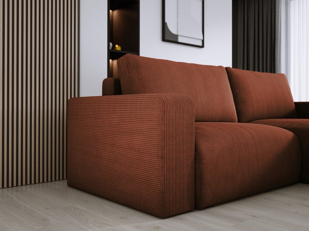 Modernes L-Form Cord Ecksofa Carl mit Schlaffunktion und integriertem Bettkasten