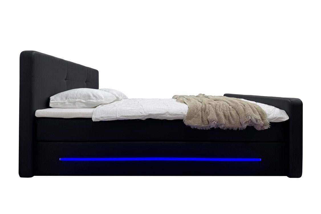 Luxuriöses Boxspringbett Oakland: LED-Beleuchtung, Kunstleder, 180x200 cm, H3 Komfort