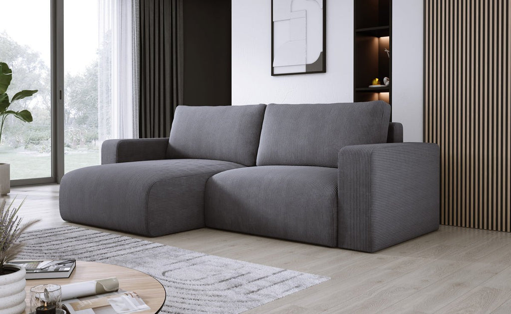 Modernes L-Form Cord Ecksofa Carl mit Schlaffunktion und integriertem Bettkasten