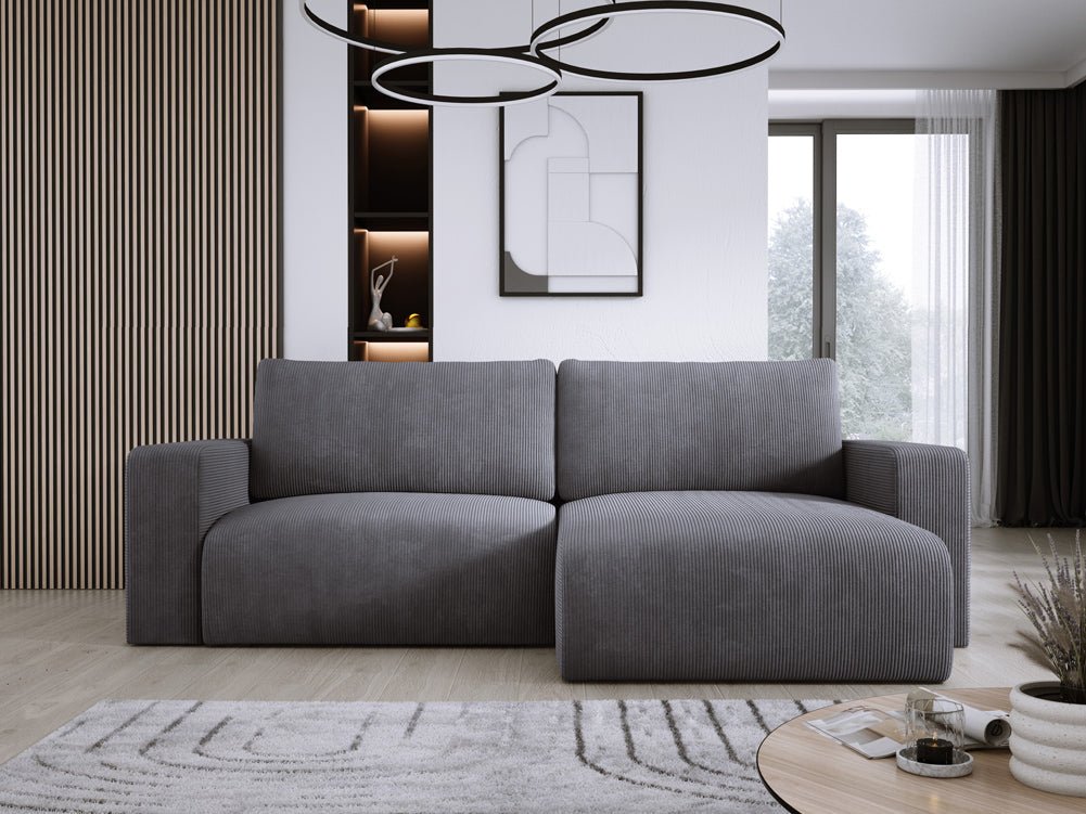 Modernes L-Form Cord Ecksofa Carl mit Schlaffunktion und integriertem Bettkasten