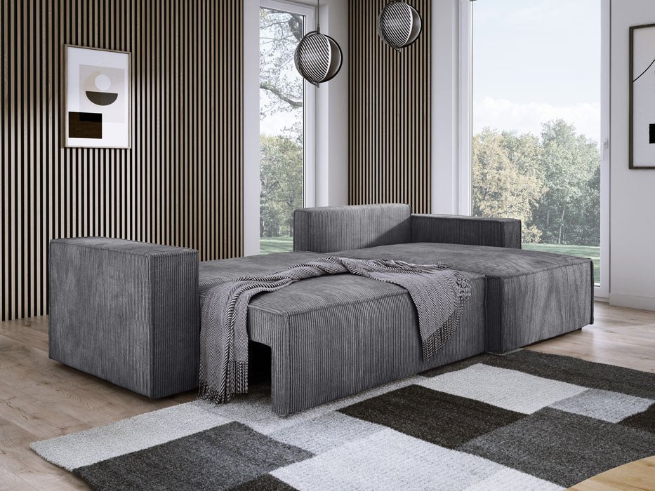 Luxuriöses Velanova Cord Ecksofa mit Schlaffunktion und praktischem Stauraum
