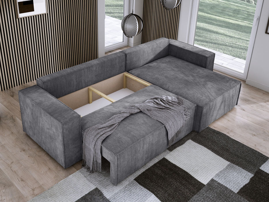 Luxuriöses Velanova Cord Ecksofa mit Schlaffunktion und praktischem Stauraum