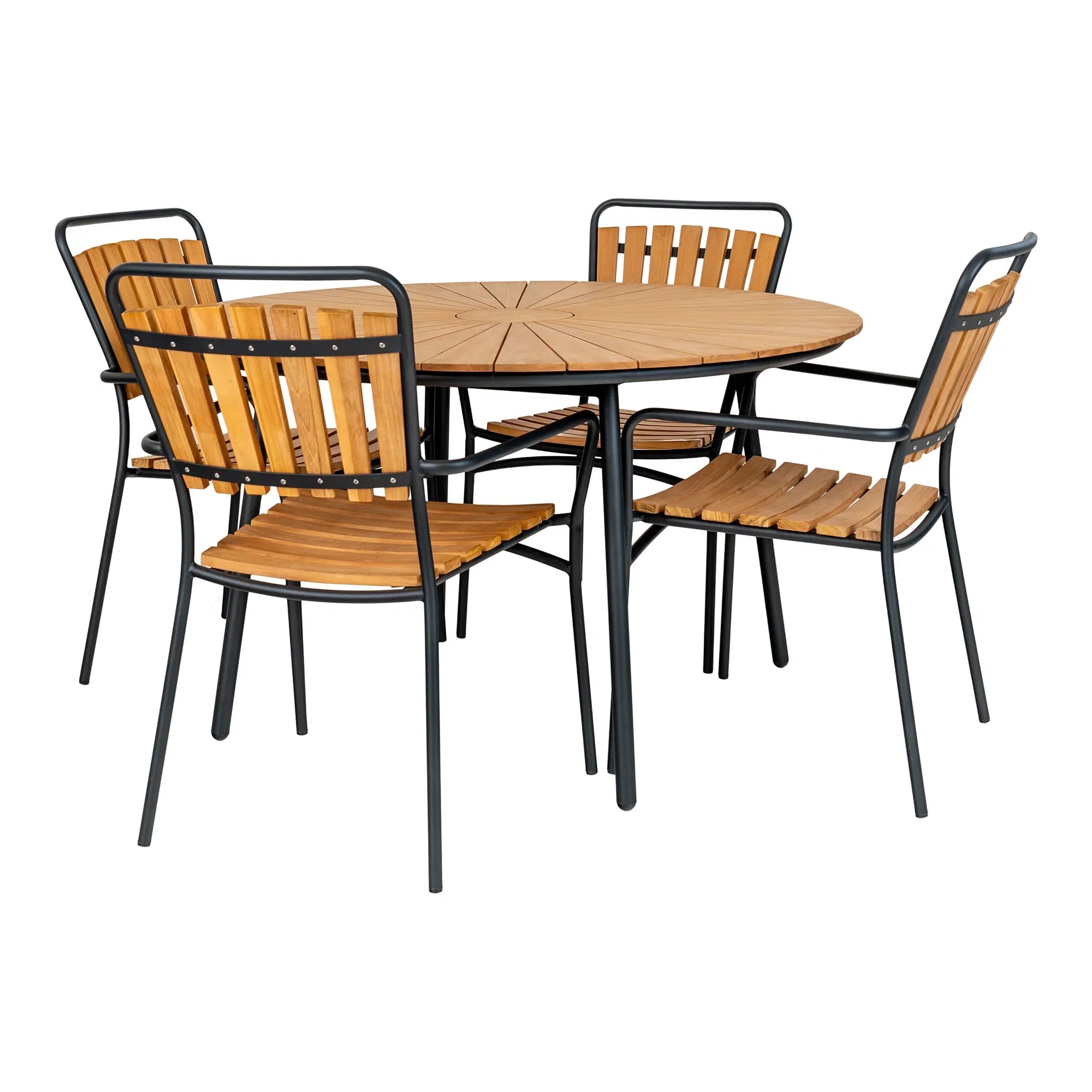 Eleganter Modena Garten Esstisch: Robuste Teakholzplatte, Schwarzes Metallgestell, Ø130cm Outdoor-Design