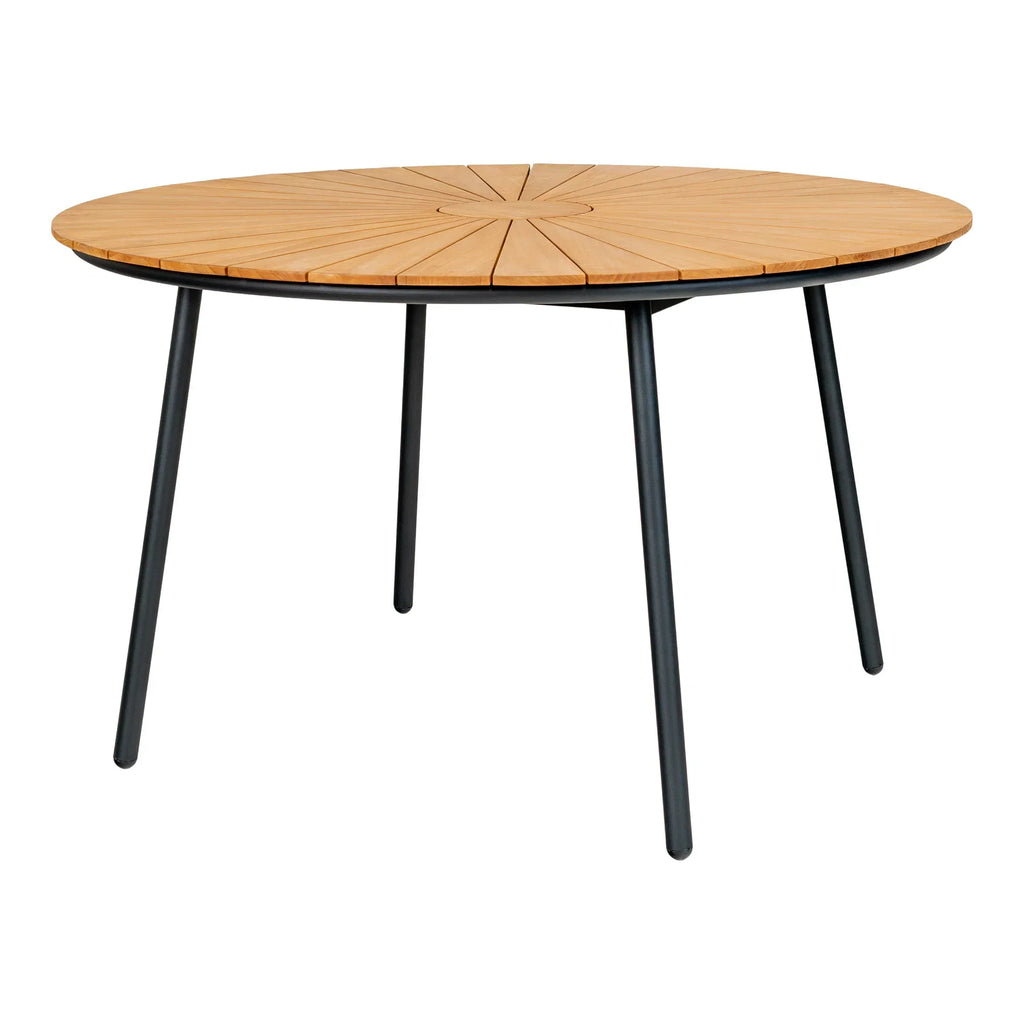Eleganter Modena Garten Esstisch: Robuste Teakholzplatte, Schwarzes Metallgestell, Ø130cm Outdoor-Design