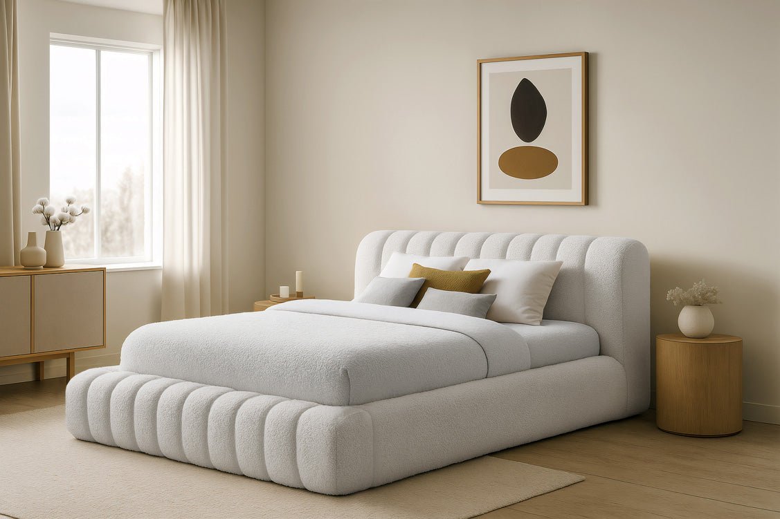 Luxuriöses Selene Bouclé Polsterbett mit Stauraum – Modernes, Elegantes Designer-Bett