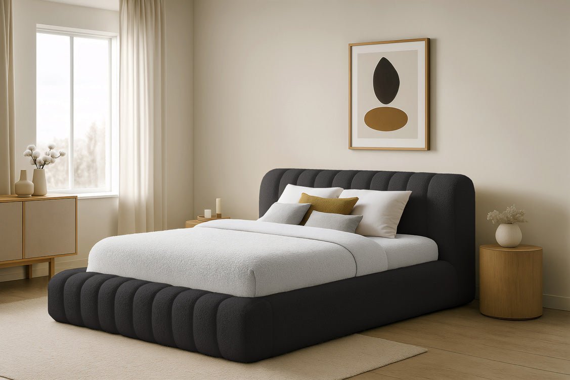 Luxuriöses Selene Bouclé Polsterbett mit Stauraum – Modernes, Elegantes Designer-Bett