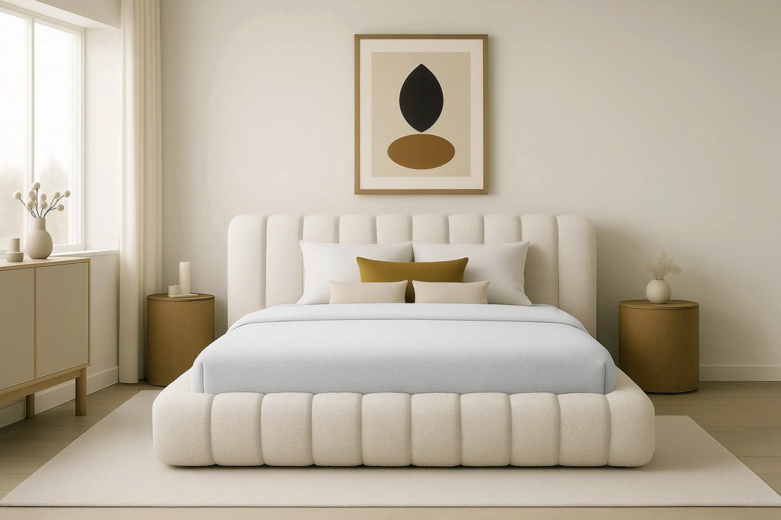 Luxuriöses Selene Bouclé Polsterbett mit Stauraum – Modernes, Elegantes Designer-Bett
