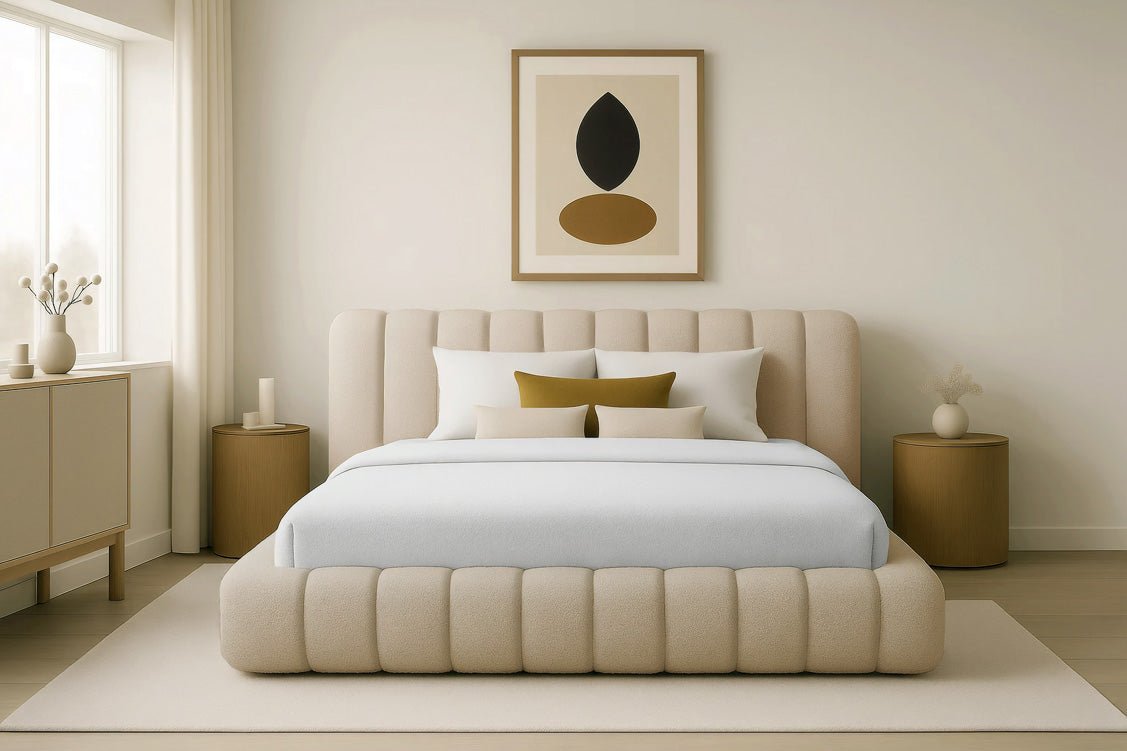 Luxuriöses Selene Bouclé Polsterbett mit Stauraum – Modernes, Elegantes Designer-Bett