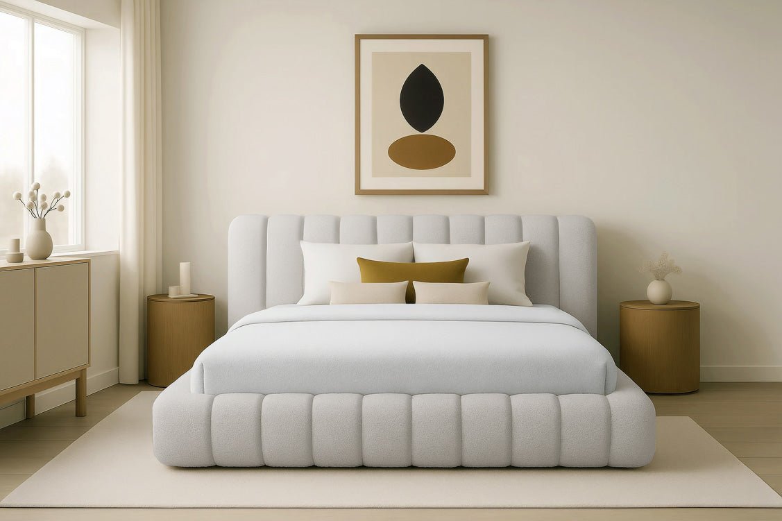 Luxuriöses Selene Bouclé Polsterbett mit Stauraum – Modernes, Elegantes Designer-Bett